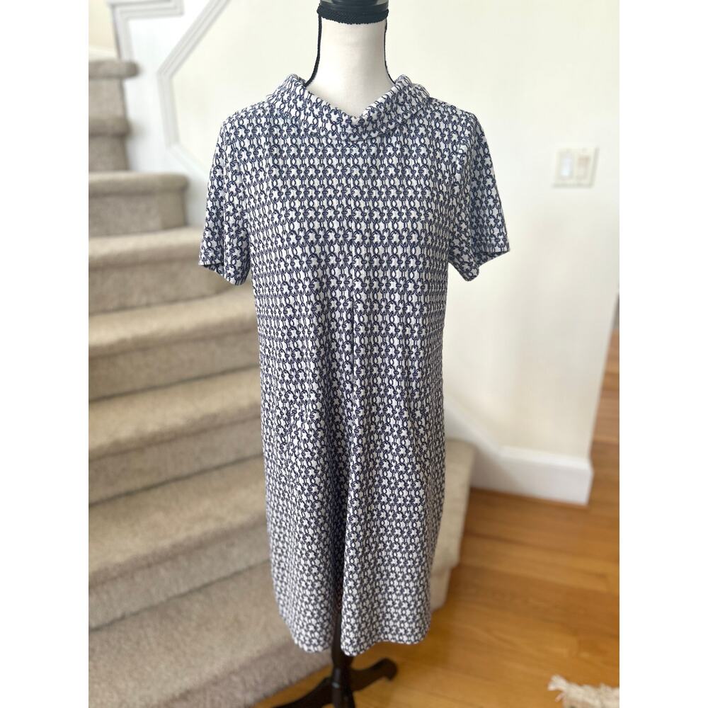 Tyler Boe Kristen Blue & White Chain Link 60s Inspired Roll Neck Shift Dress